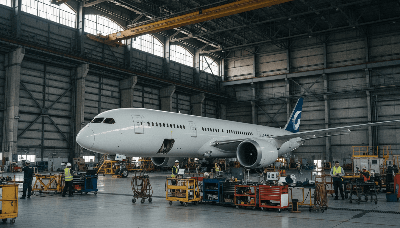 Commercial aircraft in professional inspection hangar with natural lighting