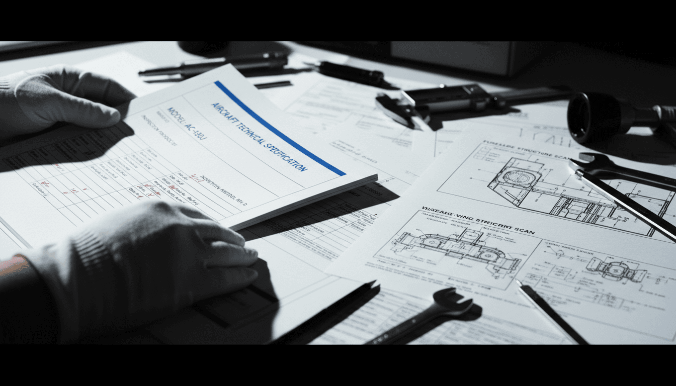 Close-up of technical aerospace documentation with inspection tools and precision materials