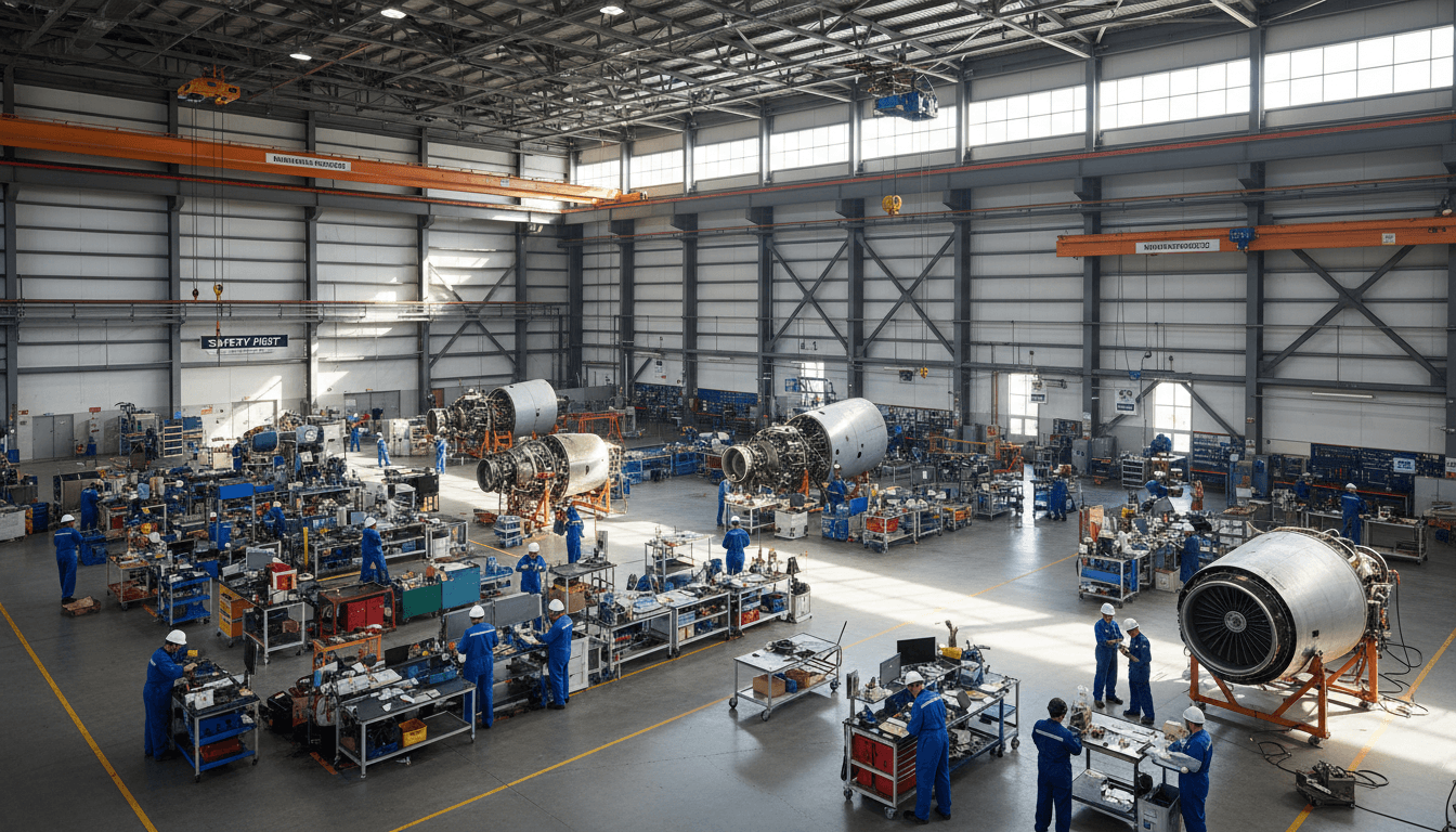 Commercial aircraft in professional aerospace hangar with natural skylights