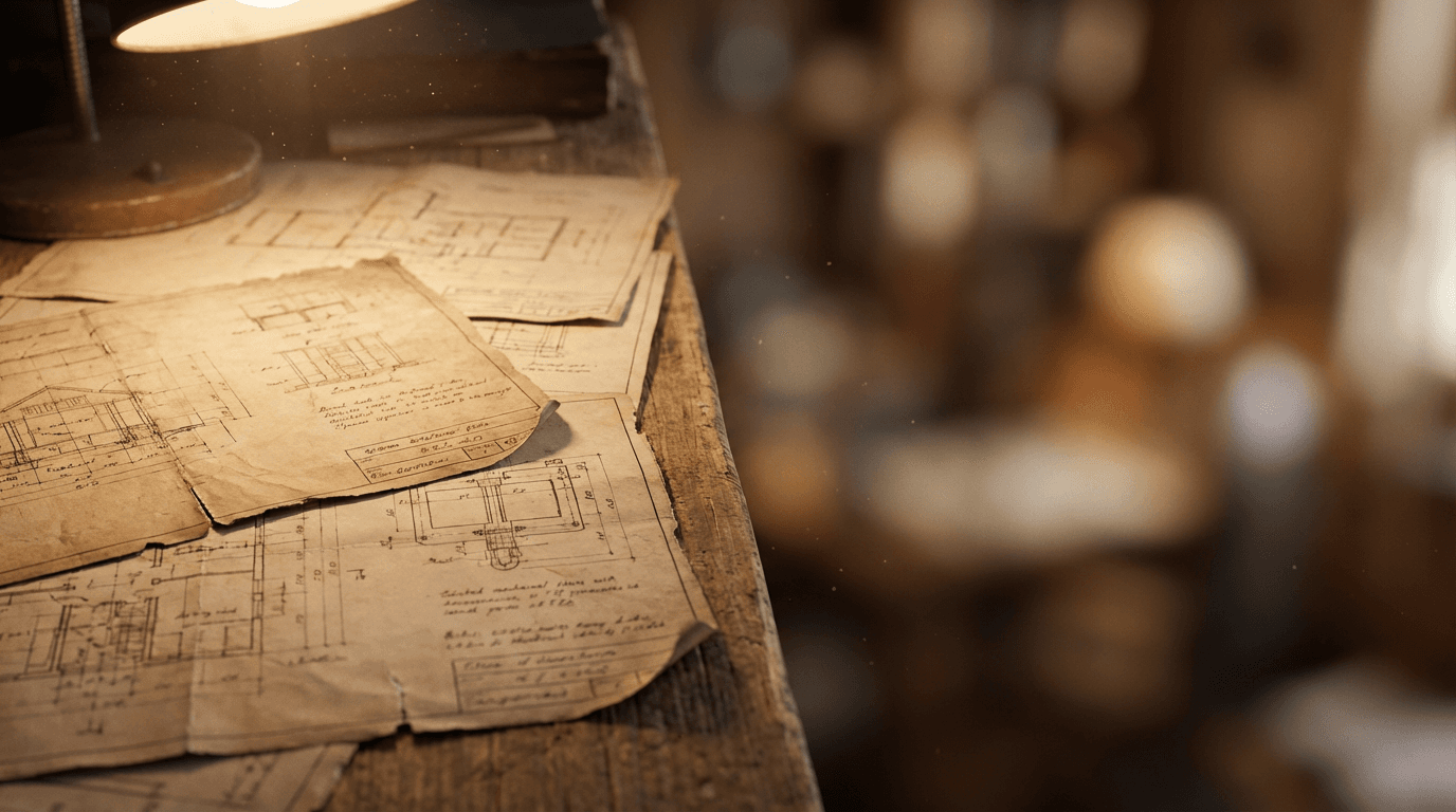Aerospace engineer examining technical blueprints and inspection tools