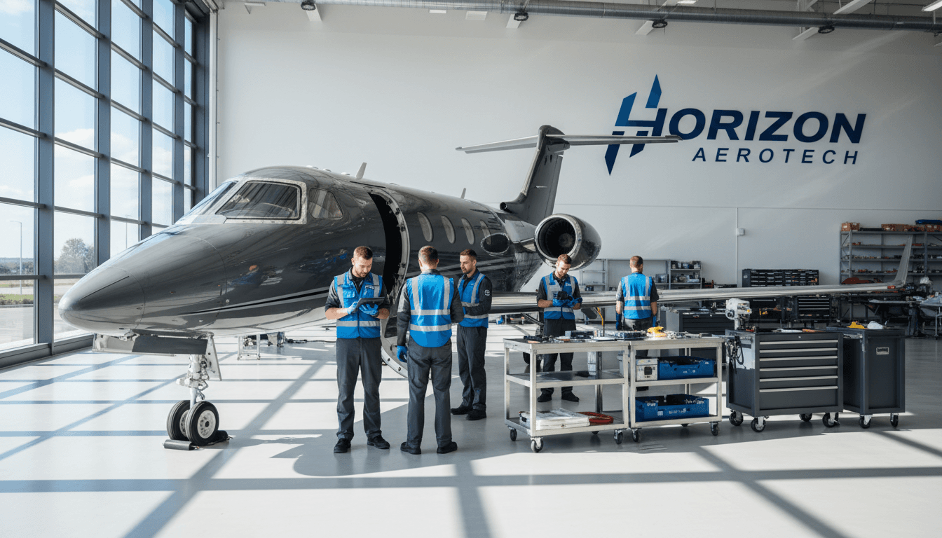 Aircraft technician conducting pre-purchase inspection inside modern hangar with commercial aircraft