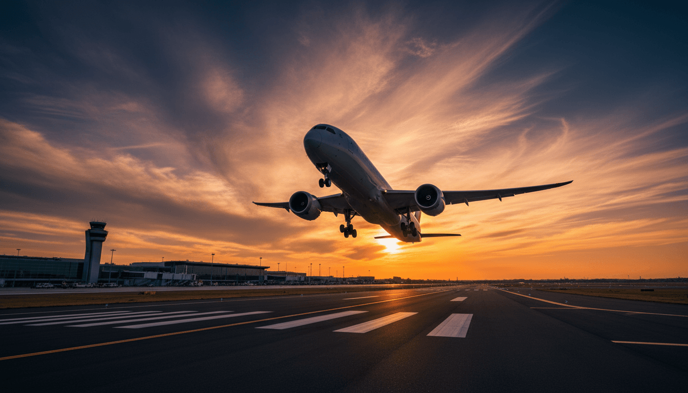 Modern aircraft positioned on airport tarmac during golden hour lighting