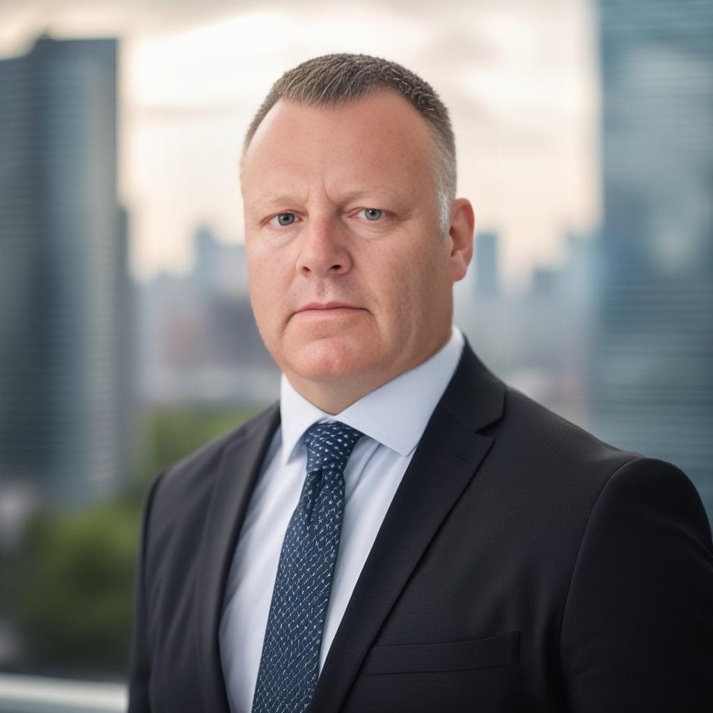 Professional man in a dark suit and tie with a blurred city skyline background.